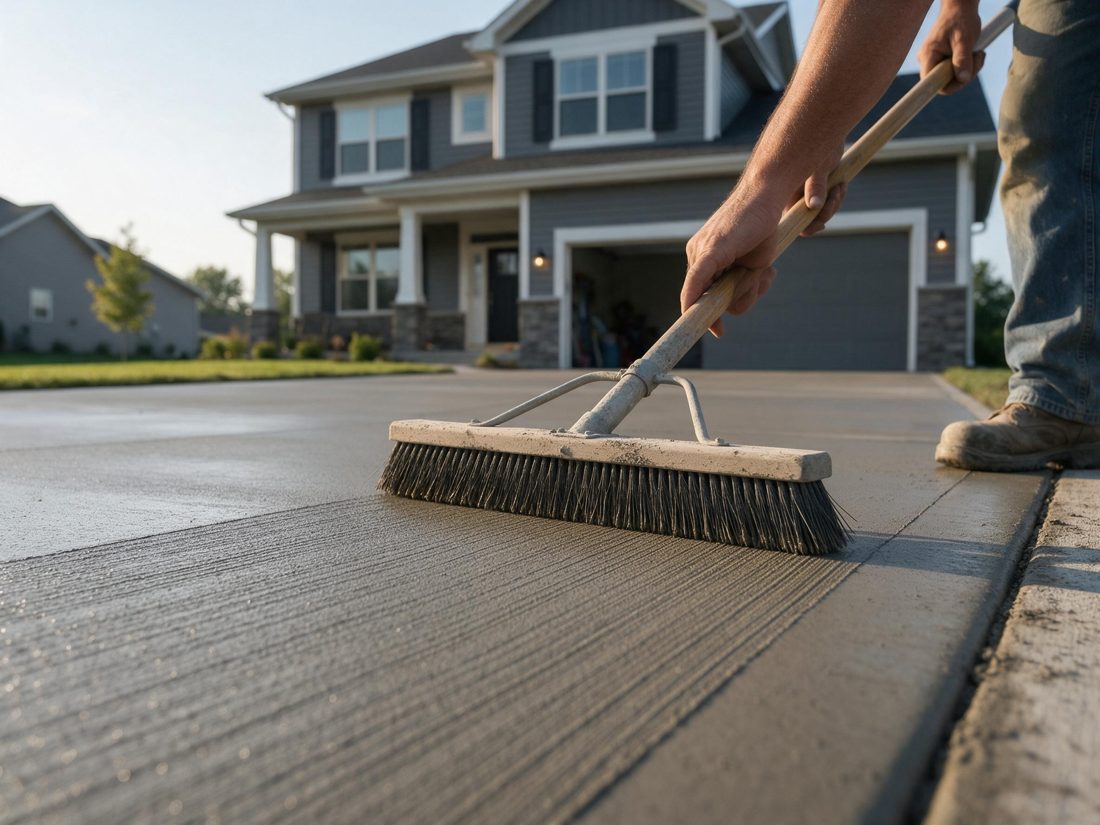 Close-up of a push broom brushing a textured finish into wet concrete on a driveway, in Coralville, IA