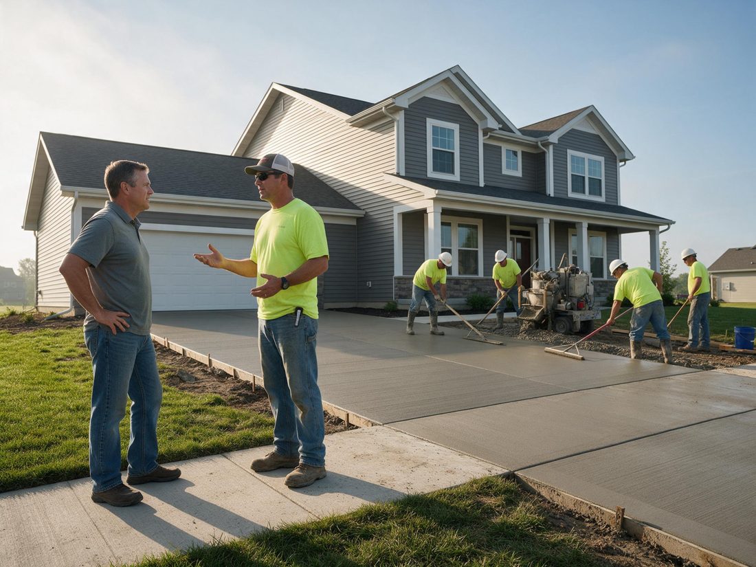 Two men talking on a new walkway while a crew finishes a concrete driveway at a two-story house, in Coralville, IA