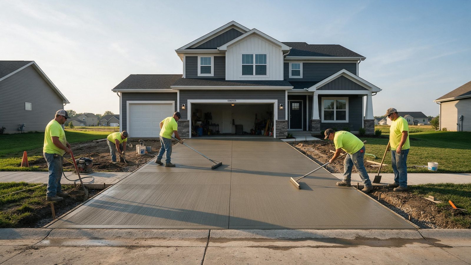 Crew in yellow safety shirts finishing a new concrete driveway in front of a two-story house, in Coralville, IA