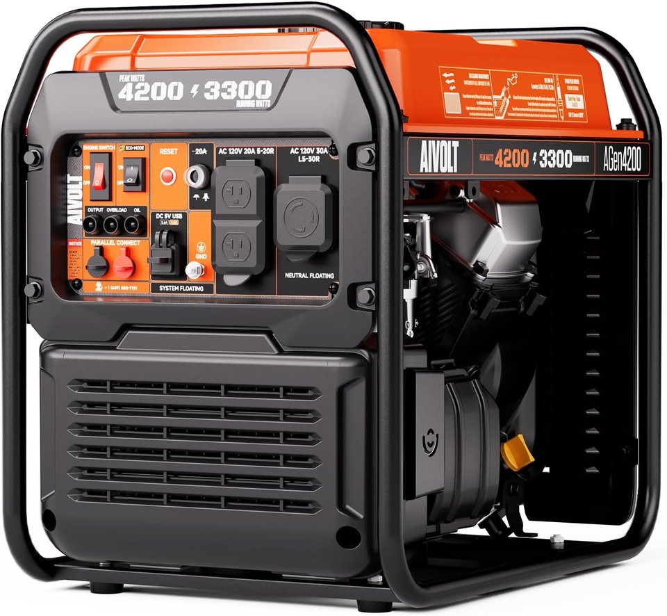 An orange and black AIVOLT open-frame inverter generator in a black tube frame, printed 4200 peak and 3300 running watts, with outlets and switches on the front panel, for storm prep in Coralville, IA