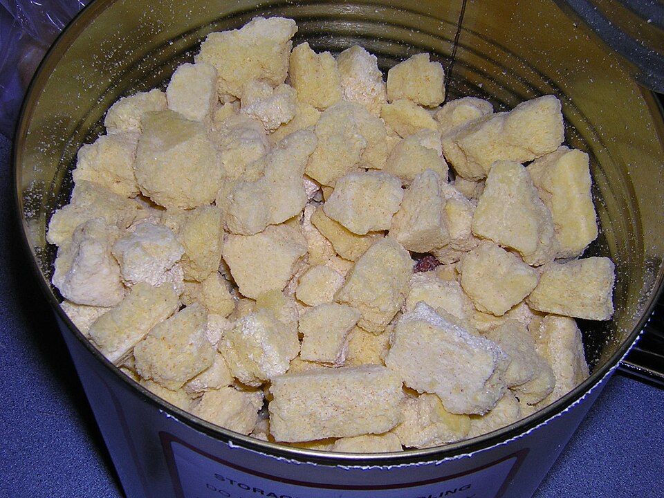 An open can of freeze-dried scrambled egg pieces, for storm prep in Coralville, IA
