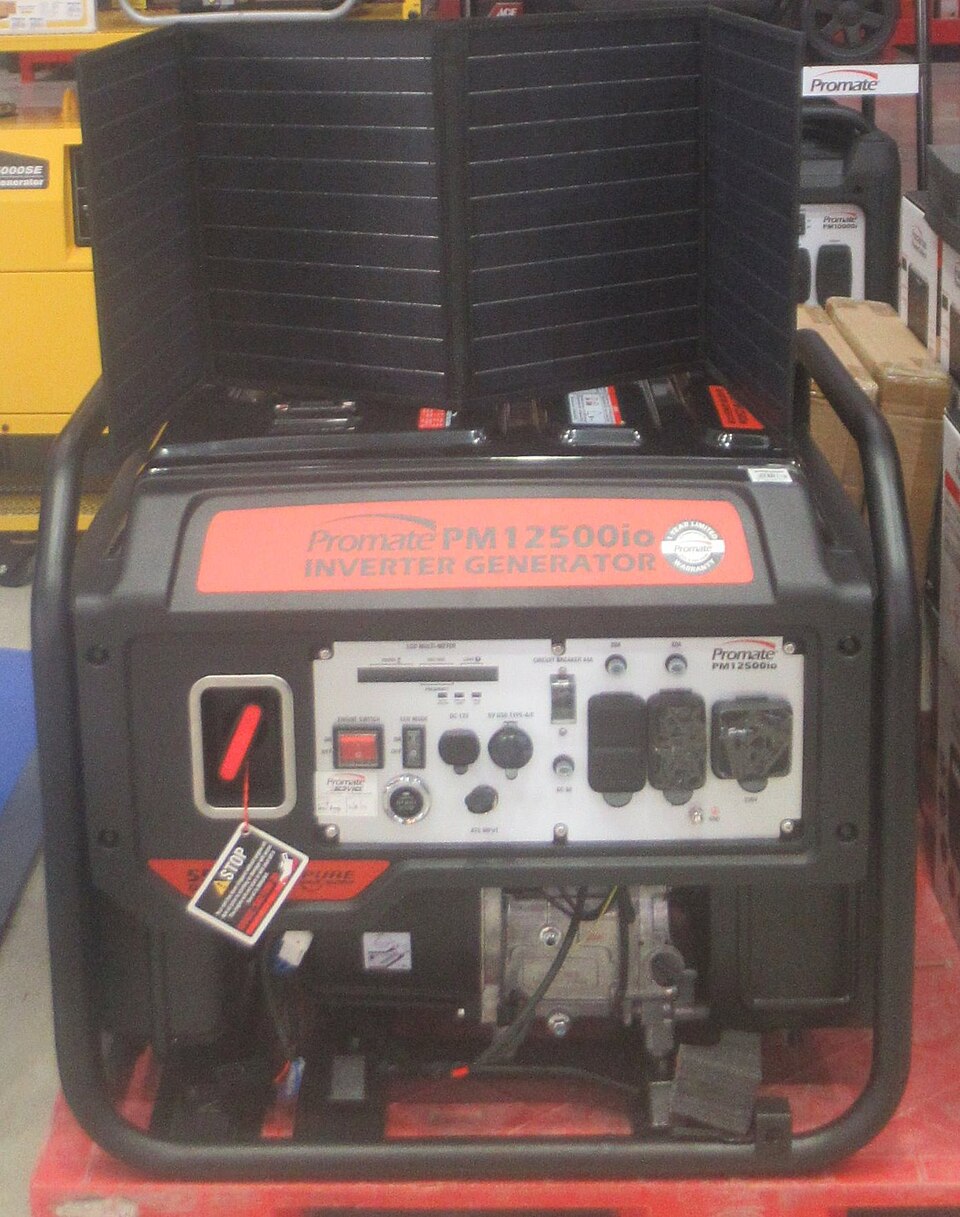 A red and black open-frame gasoline inverter generator inside a black tube frame, for storm prep in Coralville, IA