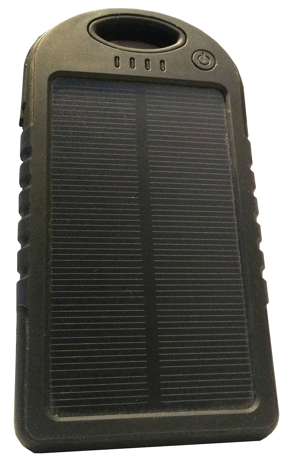 A dark green handheld power bank with a solar panel on its face, for storm prep in Coralville, IA